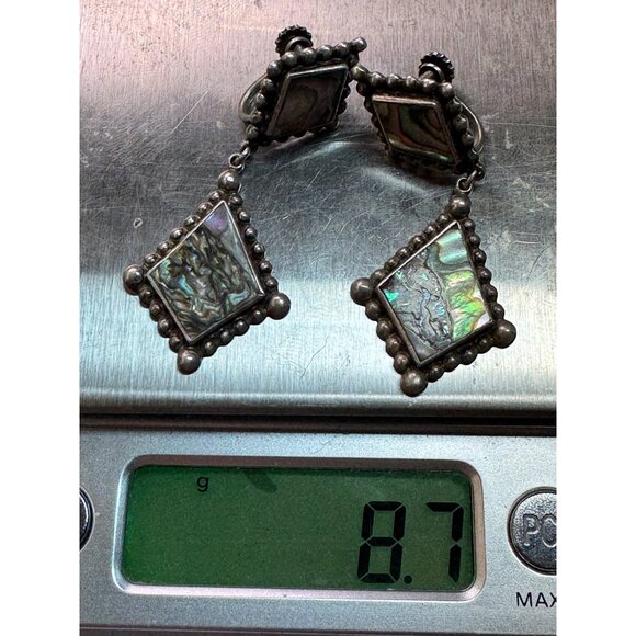 Estate Sterling Silver 925 Abalone Inlay Dangle Earrings Screw Back 8.7g - Picture 8 of 8
